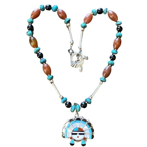 Native American Artist Zuni JM Black Onyx Turquoise & Carnelian Necklace Sun Pin